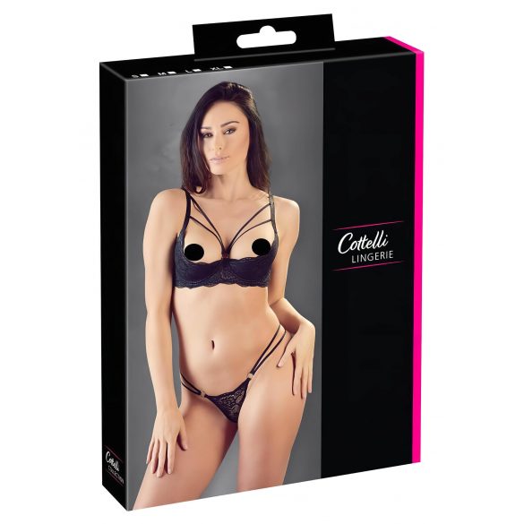 Cottelli - Sujetador realzador con anillos y tanga (negro) - 80B/M