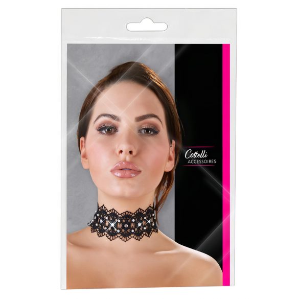 Collar de encaje negro con perlas y strass - Cottelli