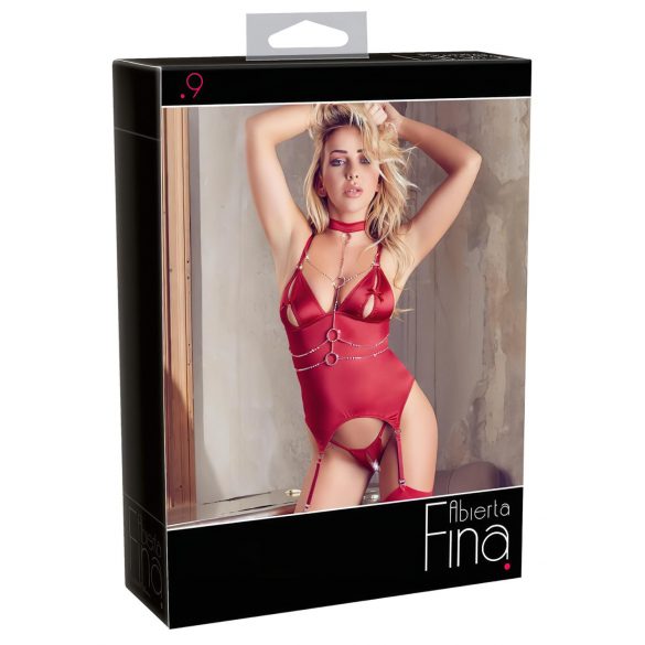 Abierta Fina - Shiny Chain Top and Thong (Red)  - L