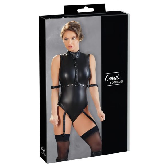 Cottelli Bondage - body brillante sin mangas con esposas (negro) - M