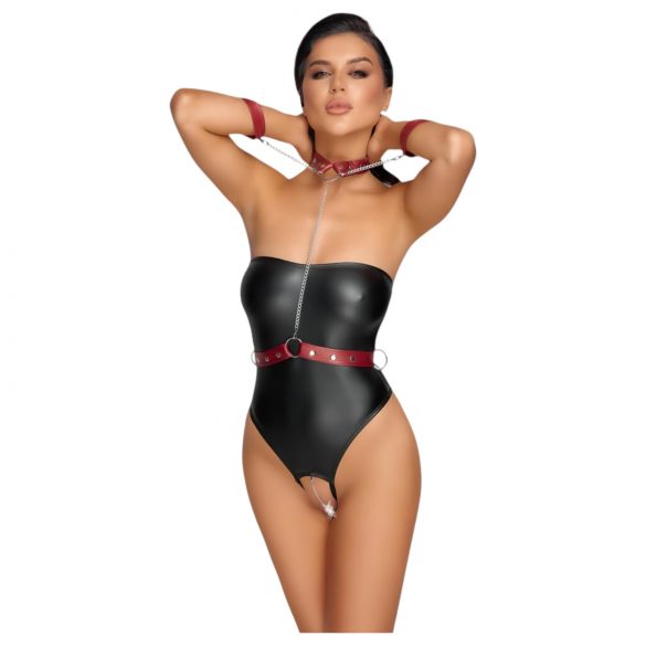 Cottelli Bondage - body brillante con sujeciones (negro-rojo) - L